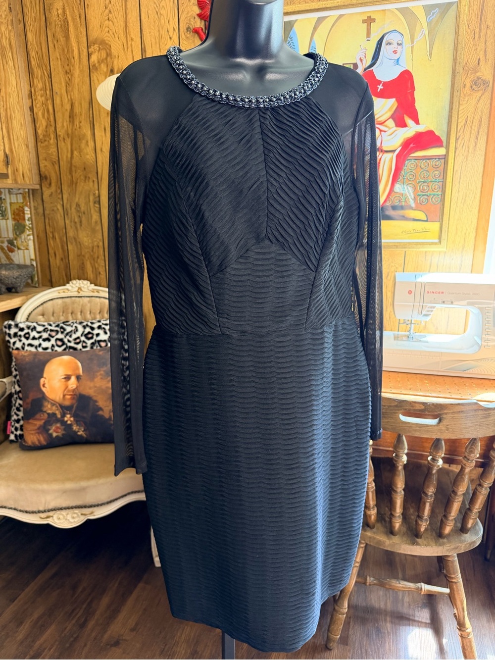 Donna Ricco Elegant Black Beaded Neckline Sheath Dress